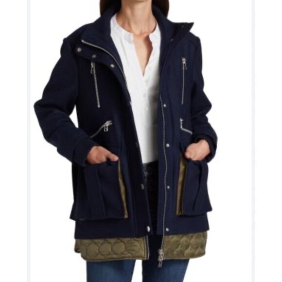 Veronica Beard Halbert Navy Blue Wool Blend Quilted Hem Coat Sz XL $895 - Picture 1 of 9